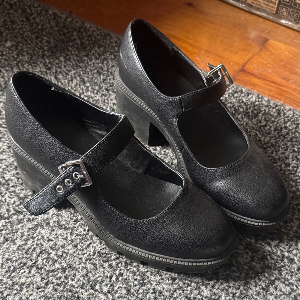Chunky Black Mary Jane Heels with Buckle Strap